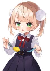 Rule 34 | 1girl, aged down, blonde hair, blurry, blurry background, blush, bow, bowtie, collared shirt, crime prevention buzzer, dress, eyes visible through hair, green eyes, hair ornament, highres, holding, indie virtual youtuber, looking at viewer, noi mine, open mouth, pinafore dress, pleated dress, pom pom (clothes), pom pom hair ornament, purple dress, red bow, red bowtie, school uniform, shigure ui (vtuber), shigure ui (vtuber) (young), shirt, short hair, simple background, sleeveless, sleeveless dress, solo, twintails, virtual youtuber, white background, white shirt