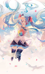 Rule 34 | 1girl, :d, absurdly long hair, anniversary, bird, black footwear, black skirt, black thighhighs, blue eyes, blue hair, blue sky, boots, bouquet, cloud, cloudy sky, collared shirt, day, feathered wings, floating hair, flower, full body, grey shirt, hair flower, hair ornament, hatsune miku, headphones, highres, holding, holding bouquet, long hair, looking at viewer, open mouth, outdoors, petals, pink flower, pleated skirt, shirt, skirt, sky, sleeveless, sleeveless shirt, smile, solo, suspenders, tareme, tatsumi3, thigh boots, thighhighs, twintails, very long hair, vocaloid, white wings, wings