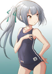 Rule 34 | 1girl, alternate costume, black one-piece swimsuit, blue one-piece swimsuit, breasts, covered navel, cowboy shot, fuji (pixiv24804665), gluteal fold, gradient background, green background, grey hair, hair between eyes, hand on own hip, hand on own chest, highres, japanese flag, kantai collection, kasumi (kancolle), long hair, looking to the side, number print, old school swimsuit, one-piece swimsuit, school swimsuit, side ponytail, small breasts, solo, swimsuit, yellow eyes