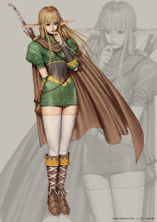 Rule 34 | 1girl, arm behind back, arrow (projectile), astonishia story 2, black bridal gauntlets, blonde hair, boots, bow (weapon), bridal gauntlets, brown cape, brown footwear, cape, closed mouth, commentary, dress, elf, english commentary, full body, green dress, green eyes, grey background, highres, limha lekan, long hair, looking at viewer, official art, pointy ears, puffy short sleeves, puffy sleeves, quiver, rianei, sack, short dress, short sleeves, solo, thighhighs, weapon, white thighhighs, zoom layer