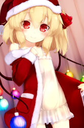 Rule 34 | 1girl, bell, blonde hair, blush, camisole, christmas ornaments, closed mouth, collarbone, cowboy shot, flandre scarlet, fur trim, gengetsu chihiro, hair bell, hair between eyes, hair ornament, hat, indoors, looking at viewer, red eyes, santa costume, santa hat, side ponytail, smile, solo, touhou, wings