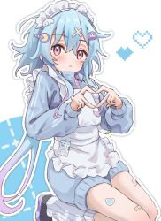 Rule 34 | 1boy, apron, arknights, bare legs, black footwear, blue background, blue hair, blue shorts, blush, commentary, frilled apron, frills, full body, ghost hair ornament, gradient hair, hair ornament, highres, id card, jacket, jersey maid, light blue hair, long hair, looking at viewer, maid, maid apron, maid headdress, male focus, mizuki (arknights), multicolored hair, pac-man, pac-man (game), parted lips, pink eyes, purple hair, riu kawano, shorts, socks, solo, track jacket, two-tone background, unconventional maid, white apron, white background, white socks
