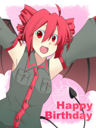 Rule 34 | 1girl, ahoge, armpits, arms up, bat wings, birthday, birthday cake, cake, candle, demon tail, detached sleeves, drill hair, female focus, food, happy birthday, kasane teto, neko meshi, open mouth, red eyes, red hair, solo, tail, utau, wings
