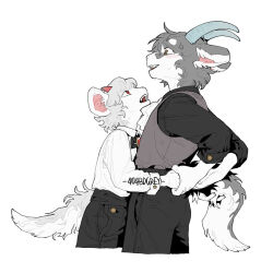 Rule 34 | 2boys, 404bdgrey, black pants, black shirt, brown eyes, couple, eye contact, furry, furry male, furry with furry, goat boy, goat horns, grey fur, grey vest, highres, holding another&#039;s tail, holding hands, horns, hug, implied yaoi, looking at another, multiple boys, original, pants, red eyes, shirt, sweatdrop, tail, vest, victorian, white fur, white hair, white shirt
