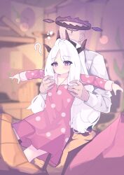 1boy 1girl ? absurdres blue_archive blurry blurry_background blush closed_mouth demon_girl demon_horns dress faceless faceless_male halo highres hina_(blue_archive) horns long_hair long_sleeves pajamas pink_dress pink_pajamas polka_dot polka_dot_dress polka_dot_pajamas purple_eyes purple_halo purple_horns sensei_(blue_archive) squeans tennsai12345 white_hair