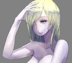 Rule 34 | 1girl, bad id, bad pixiv id, blonde hair, blue eyes, breasts, cleavage, green nails, grey background, hair over one eye, hidezi, light smile, long hair, medium breasts, nail polish, original, simple background, solo, topless