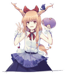 Rule 34 | 1girl, :d, bare arms, bare shoulders, belt, blue ribbon, blue skirt, blush, bow, brown eyes, chain, commentary request, cowboy shot, cuffs, gourd, hair bow, hands up, highres, holding, horn ornament, horn ribbon, horns, ibuki suika, long hair, looking at viewer, low-tied long hair, neck ribbon, ofuda, oni, oni horns, open mouth, orange hair, red bow, red ribbon, ribbon, shackles, shirt, sidelocks, simple background, skirt, sleeveless, sleeveless shirt, smile, solo, touhou, uranaishi (miraura), v, white background, white shirt, wrist cuffs