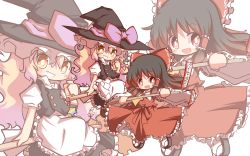 2girls black_hair blonde_hair blush bow braid broom chibi detached_sleeves female_focus gohei hakurei_reimu hat japanese_clothes kirisame_marisa long_hair miko mori_no_kaeru multiple_girls red_eyes touhou witch witch_hat yellow_eyes zoom_layer