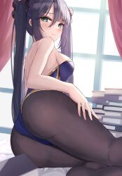 Rule 34 | 1girl, absurdres, ass, backless leotard, bare arms, bare back, bare shoulders, black hair, black pantyhose, book, book stack, breasts, closed mouth, curtains, genshin impact, gold trim, green eyes, hair between eyes, hand on own thigh, highres, i ruru, leotard, long hair, looking at viewer, medium breasts, mona (genshin impact), pantyhose, purple leotard, sidelocks, solo, strapless, strapless leotard, thighs, twintails, very long hair, window