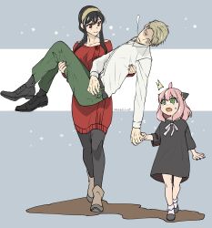 Rule 34 | 1boy, 2girls, absurdres, ahoge, anya (spy x family), artist name, black dress, black footwear, black hair, black leggings, blonde hair, boots, bow, breasts, brown footwear, carrying, child, closed eyes, collared shirt, dated, dress, dress bow, dress shoes, full body, green eyes, green pants, grey background, hair between eyes, hair up, hairband, hairpods, highres, holding hands, leggings, long sleeves, looking at another, medium breasts, medium hair, multiple girls, open mouth, pants, parted bangs, pink hair, princess carry, red dress, red eyes, shirt, short hair, sidelocks, smile, socks, spy x family, star (symbol), sweatdrop, takehide, twilight (spy x family), unconscious, walking, white bow, white shirt, white socks, yellow hairband, yor briar