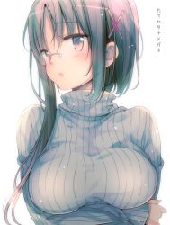 Rule 34 | 1girl, blush, breasts, glasses, hair ornament, hairclip, highres, large breasts, long hair, march-bunny, original, ribbed sweater, short hair with long locks, simple background, solo, sweater, translation request, turtleneck, white background