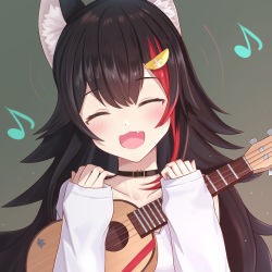 Rule 34 | 1girl, animal ear fluff, animal ears, black choker, black hair, blush, choker, closed eyes, clothing cutout, collarbone, commentary, fang, grey background, hair flaps, highres, holding, holding instrument, hololive, inaka 44, instrument, long hair, long sleeves, looking at viewer, multicolored hair, musical note, ookami mio, ookami mio (casual), open mouth, red hair, shirt, shoulder cutout, simple background, sleeves past wrists, smile, solo, streaked hair, two-tone hair, ukulele, upper body, virtual youtuber, white shirt, wolf ears