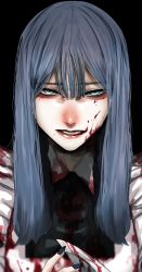 Rule 34 | 1girl, apron, ascot, black ascot, black background, blood, blood on clothes, blood on face, blood splatter, blue eyes, blue nails, fingernails, grey hair, highres, hoshi san 3, knife, looking at viewer, mole, mole under eye, mole under mouth, nail polish, original, simple background, smile, solo, white apron