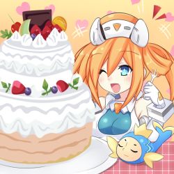 Rule 34 | 1boy, 1girl, bare shoulders, blue eyes, breasts, cake, covered navel, elbow gloves, food, gloves, hair ornament, highres, leotard, long hair, looking at viewer, medium breasts, neptune (series), one eye closed, open mouth, orange hair, orange heart (neptunia), smile, symbol-shaped pupils, tennouboshi uzume, twintails, umio (neptune series)