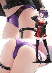 Rule 34 | 1girl, ass, black choker, black jacket, boots, bow, bow panties, bracelet, camisole, candy, choker, crotch seam, diagonal bangs, food, goth fashion, has bad revision, has downscaled revision, highres, holding, holding candy, holding food, holding lollipop, idolmaster, idolmaster shiny colors, jacket, jewelry, legwear garter, lollipop, long sleeves, md5 mismatch, multiple views, off shoulder, open clothes, open jacket, panties, plaid, plaid skirt, pleated skirt, punkish gothic, puriketsu corgy, purple eyes, purple hair, purple panties, red skirt, resolution mismatch, simple background, skirt, source smaller, tanaka mamimi, thigh strap, thighhighs, underwear, white background