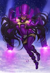 Rule 34 | 1girl, absurdly long hair, adapted costume, artist name, black hair, bodysuit, breasts, cleavage, cloud, cloudy sky, curvy, dated, dress, elsevilla, fork, full body, galacta, heart, helmet, highres, hungry, knife, large breasts, leotard, long hair, looking at viewer, marvel, neon lights, open mouth, purple bodysuit, purple dress, purple eyes, purple leotard, revealing clothes, short dress, sky, smile, strapless, strapless leotard, very long hair, wide hips