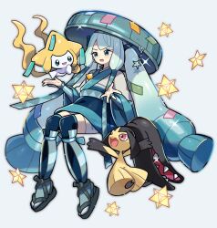 Rule 34 | 1girl, aqua hair, blue eyes, blue hair, blush, creatures (company), fuinagi (huyuu mm), full body, game freak, gen 3 pokemon, gradient hair, hat, hatsune miku, highres, japanese clothes, jirachi, legendary pokemon, long hair, mawile, multicolored hair, mythical pokemon, nintendo, open mouth, pokemon, pokemon (creature), project voltage, red eyes, sandogasa, simple background, sparkle, star (symbol), steel miku (project voltage), twintails, very long hair, vocaloid, wide sleeves