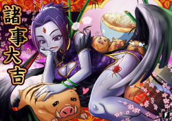 Rule 34 | 1girl, bamboo, boar, breasts, cherry blossoms, china dress, chinese clothes, cleavage, colored skin, dc comics, dress, forehead jewel, grey skin, japanese text, noodles, raven (dc), teen titans, teng zhai zi, udon, wings