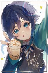 Rule 34 | 1boy, :p, androgynous, bad id, bad twitter id, black hair, blue eyes, blue hair, blush, character name, coffee, colored tips, cup, frappuccino, genshin impact, highres, looking at viewer, male focus, mofull mero, multicolored hair, pale skin, solo, thank you, tongue, tongue out, trap, venti (genshin impact)