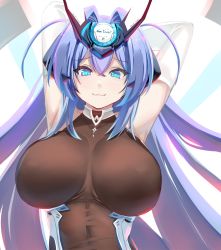 Rule 34 | 1girl, :3, arms up, azur lane, blue eyes, blue hair, bodystocking, breasts, breasts apart, commentary request, covered navel, elbow gloves, gloves, headgear, highres, large breasts, long hair, looking at viewer, new jersey (azur lane), shiki (psychedelic g2), smile, solo, upper body, very long hair, white gloves
