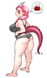 Rule 34 | 1girl, ass, barefoot, boned meat, breasts, camisole, colorized, dragon girl, dragon horns, dragon tail, elf-san wa yaserarenai., food, full body, gonda (elf-san wa yaserarenai.), greyscale, hair over shoulder, hands on own hips, highres, horns, huge breasts, kneepits, lifted by tail, long hair, looking at viewer, looking back, meat, micro shorts, monochrome, no pupils, pointy ears, ponytail, scales, shorts, shortstack, solo, synecdoche, tail, thick eyebrows, thick thighs, thighs