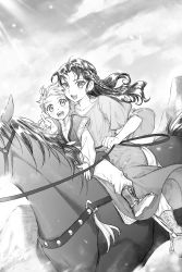 Rule 34 | 1boy, 1girl, :d, :o, animal, boots, braid, child, day, dress, dutch angle, greyscale, happy, highres, horse, horseback riding, jowell she, king arthur, long hair, long sleeves, looking at viewer, monochrome, morgan le fay, open mouth, original, outdoors, outstretched arm, pants, pants tucked in, pointing, riding, sash, side braid, sky, smile, sunlight, surprised, tassel