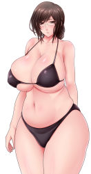 Rule 34 | 1girl, arm behind back, bad id, bad pixiv id, bare shoulders, bikini, black bikini, breasts, brown eyes, brown hair, cleavage, curvy, glasses, huge breasts, looking at viewer, navel, original, saogokushi, short hair, simple background, solo, swimsuit, thick thighs, thighs, white background, wide hips
