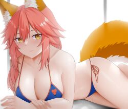 Rule 34 | 1girl, animal ear fluff, animal ears, arind yudha, bare arms, bare shoulders, bikini, blue bikini, blush, breasts, cleavage, closed mouth, collarbone, commentary, fang, fate/grand order, fate (series), fingernails, fox ears, fox girl, fox print, fox tail, hair between eyes, highres, huge breasts, lips, long hair, looking at viewer, orange trim, pink hair, side-tie bikini bottom, skin fang, solo, swimsuit, tail, tamamo (fate), tamamo no mae (fate/extra), tamamo no mae (swimsuit lancer) (fate), tamamo no mae (swimsuit lancer) (third ascension) (fate), thighs, yellow eyes