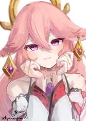 Rule 34 | :3, absurdres, animal ears, close-up, earrings, fox ears, genshin impact, hair ornament, halterneck, heart, heart-shaped pupils, highres, holding, holding hair, jewelry, kyanonpan50, long hair, looking at viewer, nontraditional miko, pink eyes, pink hair, portrait, shirt, simple background, sleeveless, sleeveless shirt, symbol-shaped pupils, white background, yae miko