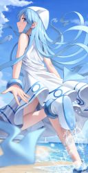 Rule 34 | 1girl, beach, blue eyes, blue hair, blue sky, blurry, closed mouth, cloud, day, dress, from behind, hat, highres, ikamusume, long hair, looking at viewer, ocean, outdoors, shinryaku! ikamusume, shoes, sky, sleeveless, sleeveless dress, smile, solo, standing, standing on one leg, superpig, tentacle hair, white dress, white footwear, white hat