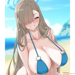 Rule 34 | 1girl, absurdres, amai-pai, asuna (blue archive), beach, bikini, blue archive, blue bikini, blue eyes, blue halo, blue ribbon, blue sky, blurry, blurry background, blush, bottomless, breasts, brown hair, cloud, collarbone, day, fanbox username, hair over one eye, hair ribbon, halo, highres, large breasts, long hair, looking at viewer, mole, mole on breast, ocean, outdoors, patreon username, ribbon, sky, smile, solo, swimsuit
