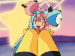 Rule 34 | 1girl, aqua hair, character hair ornament, creatures (company), fangs, game freak, gym leader, hair ornament, iono (pokemon), jacket, long sleeves, looking at viewer, multicolored hair, nintendo, open mouth, oversized clothes, parody, pink eyes, pink hair, pokemon, pokemon (anime), pokemon (classic anime), pokemon sv, reimidy, smile, solo, star (symbol), style parody, two-tone hair, upper body, yellow jacket