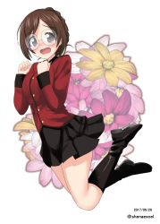 Rule 34 | 10s, 1girl, black footwear, black skirt, boots, braid, brown eyes, brown hair, commentary request, crown braid, dated, epaulettes, floral background, flower, flower request, frown, girls und panzer, glasses, highres, jacket, jumping, knee boots, long sleeves, looking at viewer, military, military uniform, miniskirt, nilgiri (girls und panzer), one-hour drawing challenge, open mouth, pleated skirt, red jacket, round eyewear, shiina excel, short hair, skirt, solo, st. gloriana&#039;s military uniform, twitter username, uniform, white background