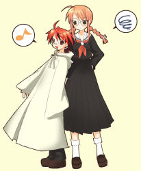 Rule 34 | 00s, 1boy, 1girl, :d, ahoge, braid, brown eyes, brown hair, glasses, harmonia, hasegawa chisame, long sleeves, mahou sensei negima!, musical note, negi springfield, open mouth, pince-nez, quaver, red eyes, red hair, school uniform, serafuku, simple background, smile, speech bubble, spiral, spoken musical note, spoken squiggle, squiggle, teenage girl and younger boy, twin braids