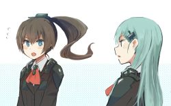 Rule 34 | 10s, 2girls, annin musou, ascot, bad id, bad twitter id, blue eyes, brown hair, brown jacket, flying sweatdrops, green eyes, green hair, hair between eyes, jacket, kantai collection, kumano (kancolle), long hair, long sleeves, multiple girls, open mouth, ponytail, red ascot, school uniform, suzuya (kancolle)
