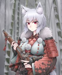 Rule 34 | 1girl, animal ear fluff, animal ears, antique firearm, armor, bamboo, breasts, firearm, grey hair, gun, highres, holding, holding gun, holding weapon, inubashiri momiji, japanese armor, japanese clothes, large breasts, red eyes, scabbard, sheath, sheathed, short hair, short sword, shoulder armor, sode, solo, sword, tantou, touhou, upper body, weapon, wolf ears, zap-nik
