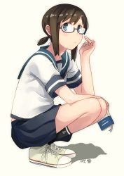 Rule 34 | 10s, 1girl, anchor symbol, bad id, bad pixiv id, bespectacled, black legwear, blue eyes, blue skirt, book, brown hair, character name, converse, fubuki (kancolle), full body, glasses, kantai collection, looking at viewer, makio (makiomeigenbot), pleated skirt, ponytail, school uniform, serafuku, shadow, shoes, short hair, simple background, skirt, sneakers, solo, squatting, white background, white footwear