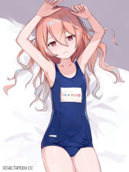 Rule 34 | 1girl, armpits, arms up, bare arms, bare shoulders, bed sheet, blue one-piece swimsuit, blush, brown hair, closed mouth, collarbone, commentary request, expressionless, feet out of frame, hair between eyes, head tilt, liclac, long hair, looking at viewer, lying, old school swimsuit, on back, one-piece swimsuit, original, red eyes, school swimsuit, solo, swimsuit, very long hair, watermark, web address