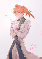 Rule 34 | 1boy, absurdres, ahoge, chaldea logo, closed mouth, coat, commentary, cowboy shot, falling petals, fate/grand order, fate (series), flower, gloves, gradient background, green coat, green eyes, grey background, hands up, highres, holding, holding petal, lab coat, lanyard, looking at viewer, male focus, medium hair, multicolored coat, orange hair, pants, petals, pink flower, ponytail, romani archaman, sleeve cuffs, sleeves past wrists, solo, torijo, two-tone coat, white background, white coat, white gloves, white pants