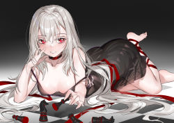 Rule 34 | 1girl, absurdres, albino, ass, bare shoulders, barefoot, black dress, blush, breasts, breasts apart, checkered floor, chess piece, choker, collarbone, dress, gradient background, grey background, highres, holding chess piece, horz, king (chess), knight (chess), long hair, looking at viewer, on floor, original, parted lips, pawn (chess), red choker, red eyes, rook (chess), see-through, silver hair, sleeveless, sleeveless dress, small breasts, smile, solo, strap slip, very long hair