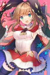 Rule 34 | 10s, 1girl, aqua eyes, bad id, bad pixiv id, black gloves, black thighhighs, blush, bow, breasts, brown hair, cape, clarisse (granblue fantasy), cowboy shot, eyebrows, gloves, gradient background, granblue fantasy, hair bow, hair ornament, hair ribbon, hayama eishi, long hair, looking at viewer, open mouth, ponytail, pulled by self, ribbon, sideboob, skirt, sleeveless, solo, sparkle, star (symbol), thighhighs, zettai ryouiki