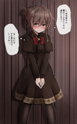 Rule 34 | 10s, 1girl, against wall, alternate costume, alternate eye color, baretto (karasi07), black pantyhose, blush, bow, bowtie, brown dress, brown hair, capelet, commentary request, cowboy shot, dress, folded ponytail, gothic lolita, hair between eyes, highres, inazuma (kancolle), kantai collection, legs together, lolita fashion, long sleeves, looking at viewer, motion lines, outline, own hands together, pantyhose, raised eyebrows, red bow, red bowtie, red eyes, scared, short hair with long locks, sidelocks, standing, sweat, teardrop, thought bubble, translation request, trembling, v arms, white background, wooden wall