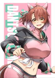 Rule 34 | 1girl, :d, absurdres, animal ears, antenna hair, black jacket, blush, breasts, brown eyes, brown hair, center opening, character name, commentary request, cowboy shot, cropped shirt, dantsu flame (umamusume), ear covers, ear ornament, hair between eyes, highres, hood, hood down, hooded jacket, horse ears, horse girl, horse tail, jacket, large breasts, long sleeves, looking at viewer, luna (gkluna mas), medium hair, midriff, multicolored hair, navel, open mouth, pink background, pink shirt, pink shorts, shirt, shorts, sidelocks, sleeveless, sleeveless shirt, smile, solo, standing, tail, teeth, tied jacket, turtleneck, turtleneck shirt, two-tone hair, umamusume, upper teeth only, white hair, yellow eyes, zipper pull tab