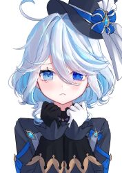 Rule 34 | 1girl, ahoge, asymmetrical gloves, black gloves, black hat, black shirt, blue bow, blue eyes, blue gemstone, blue hair, blue jacket, blush, bow, clenched hands, closed mouth, collared jacket, drop-shaped pupils, eyelashes, furina (genshin impact), gem, genshin impact, gloves, grey hair, hair between eyes, hands up, hat, hat bow, hat ornament, heterochromia, highres, jacket, long sleeves, looking at viewer, mismatched pupils, mochi mochi052, multicolored hair, sad, shirt, short hair, simple background, solo, sparkle, symbol-shaped pupils, tearing up, top hat, two-tone hair, upper body, white background, white gloves