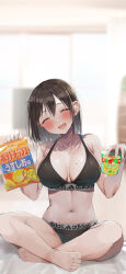 Rule 34 | 1girl, :d, bare shoulders, barefoot, blurry, blurry background, blush, breasts, brown hair, cleavage, closed eyes, collarbone, food, highres, holding, holding food, indian style, large breasts, looking at viewer, midriff, navel, open mouth, original, rouka (akatyann), short hair, sitting, smile, solo, sports bra, sweat, underwear, underwear only, wet