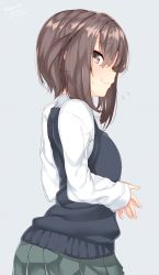 Rule 34 | 10s, 1girl, absurdres, breasts, brown eyes, brown hair, commentary request, fingers together, from side, highres, kantai collection, long sleeves, looking at viewer, nebusoku, pleated skirt, short hair, simple background, skirt, sleeves past wrists, small breasts, solo, sweatdrop, sweater, taihou (kancolle), vest, white background, white sweater
