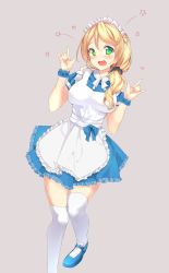 Rule 34 | 1girl, absurdres, alternate costume, apron, blonde hair, blush, bonkiru, double m/, dress, ellen baker, enmaided, heart, heart-shaped pupils, highres, kneehighs, long hair, low ponytail, m/, maid, maid apron, maid headdress, mary janes, \\n/, new horizon, open mouth, ponytail, scrunchie, shoes, smile, socks, solo, star (symbol), symbol-shaped pupils, thighhighs, white socks, white thighhighs