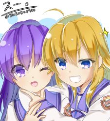 Rule 34 | 2girls, absurdres, angel beats!, blonde hair, blue eyes, commentary request, eyes visible through hair, grin, hair between eyes, hair down, hand on another&#039;s chin, highres, irie miyuki, key (company), long hair, long sleeves, looking at viewer, multiple girls, one eye closed, open mouth, purple eyes, purple hair, sekine shiori, shinda sekai sensen uniform, shirt, simple background, smile, touching another&#039;s chin, upper body, white shirt, zuzuhashi