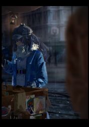 Rule 34 | 1girl, blue coat, blurry, blurry background, blurry foreground, brown hair, building, cabbie hat, coat, crying, crying with eyes open, dress, grey hat, hat, highres, k (ke04609), lantern, long hair, long sleeves, marcus (reverse:1999), outdoors, profile, rain, reverse:1999, scarf, sidelighting, solo, streaming tears, tears, upper body, white dress, white scarf