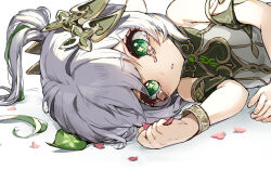 Rule 34 | 1girl, blush, crying, crying with eyes open, detached sleeves, dress, genshin impact, green eyes, green hair, green sleeves, grey hair, hair ornament, highres, long hair, lying, multicolored hair, nahida (genshin impact), on side, parted lips, petals, pointy ears, ponytail, side ponytail, simple background, sleeveless, sleeveless dress, solo, tears, white background, white hair, yoruhachi